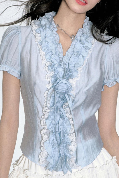 Gray Blue Floral Pleated Blouse