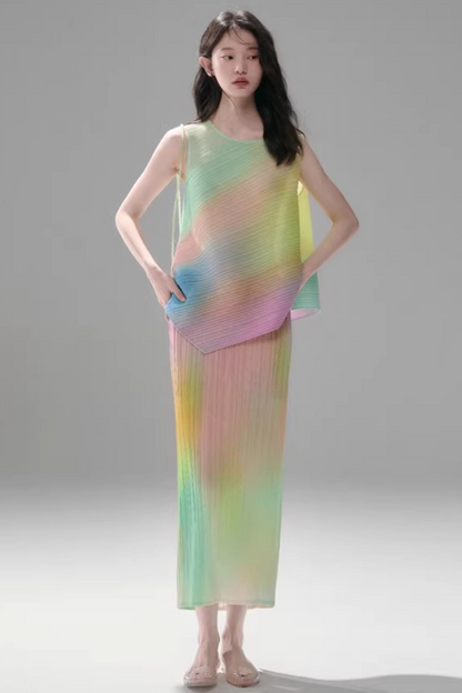 Rainbow Gradient Pleated Vest Set-Up