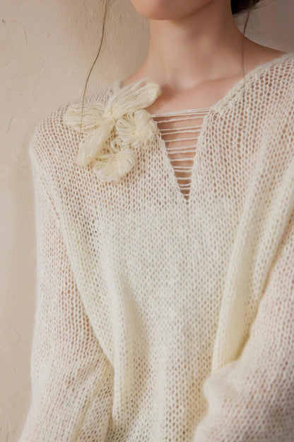 White Alpaca Wool Flower Sweater