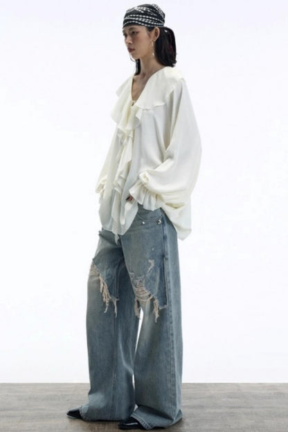 Draped V-Neck Ruffle Top