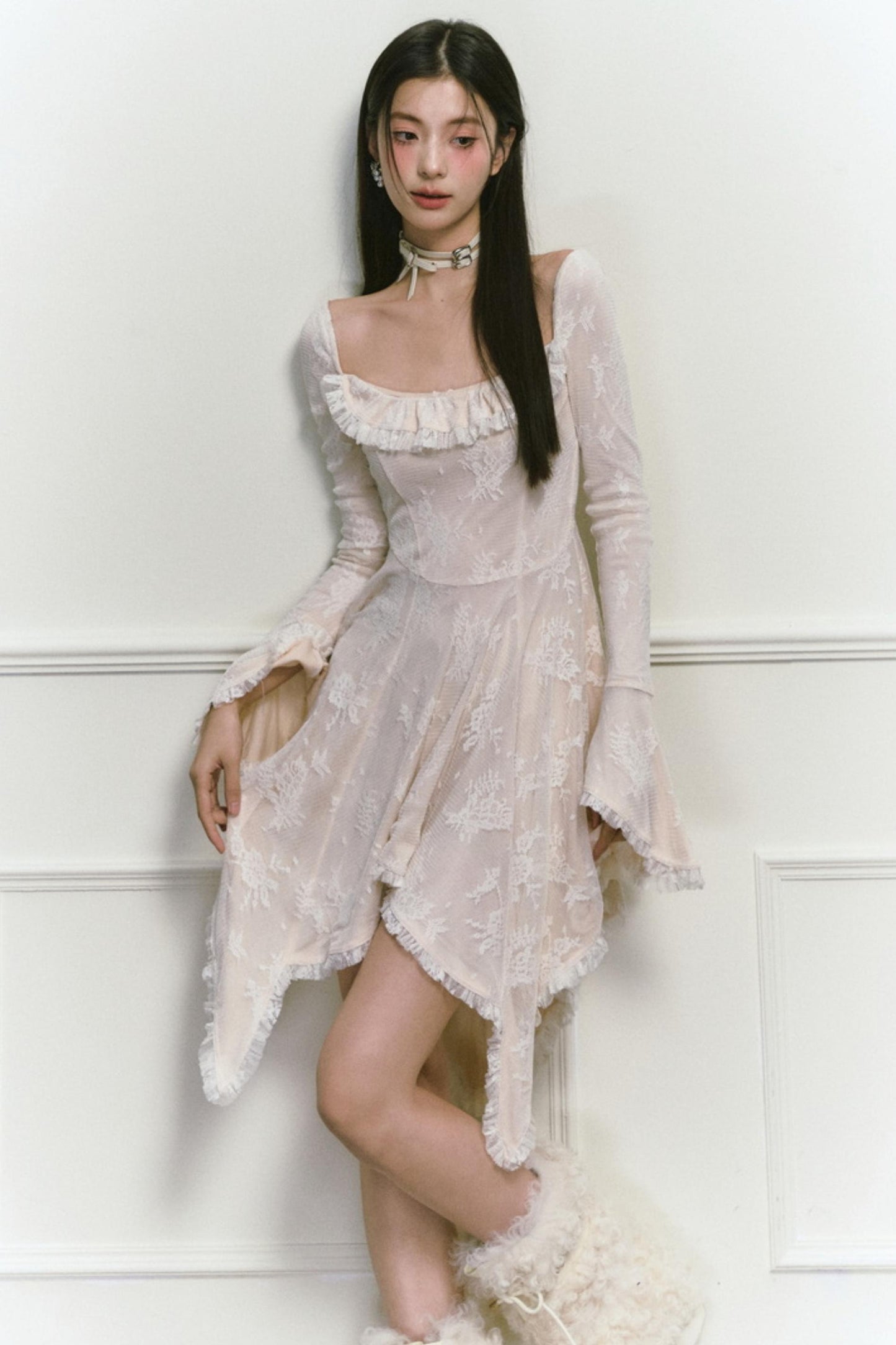 Square Neck Asymmetric Long Sleeve Dress