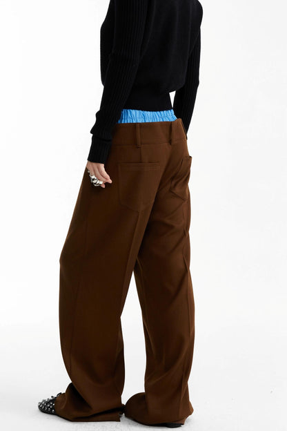 Blue and Brown Contrast Belt Decorative Pants