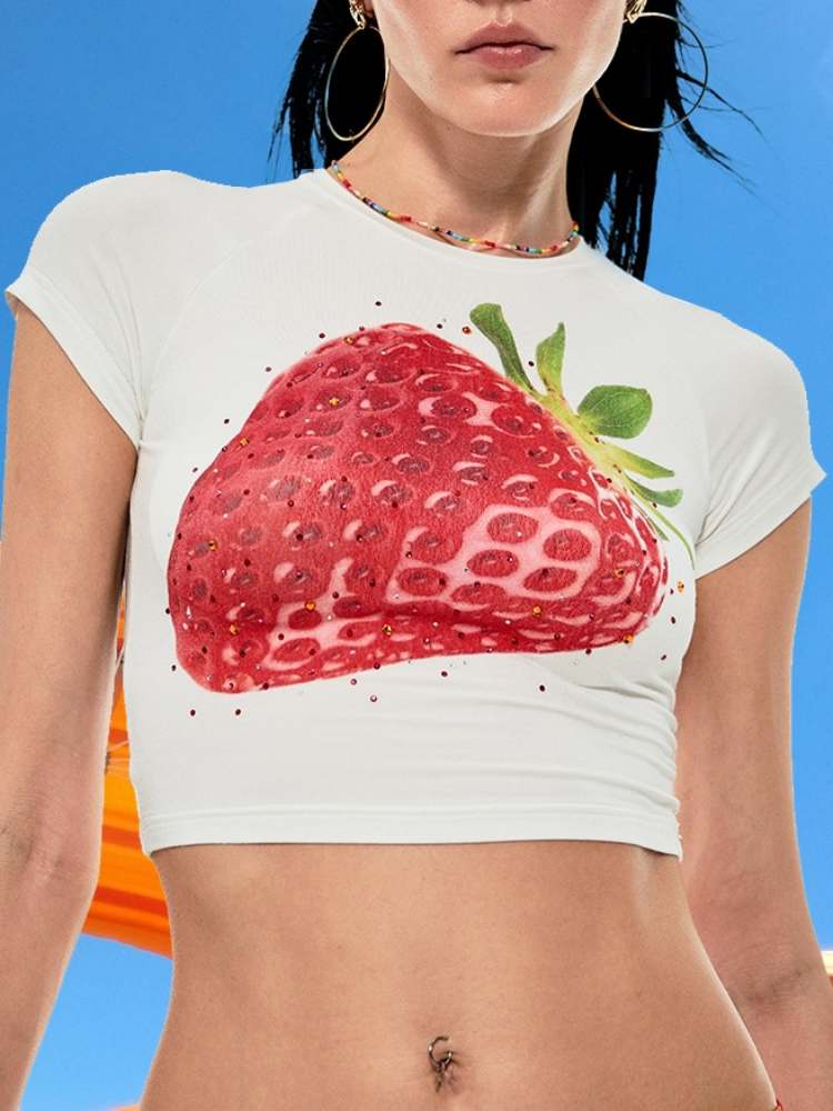 Summer Fruit Printed Tight Fit Short T-Shirt