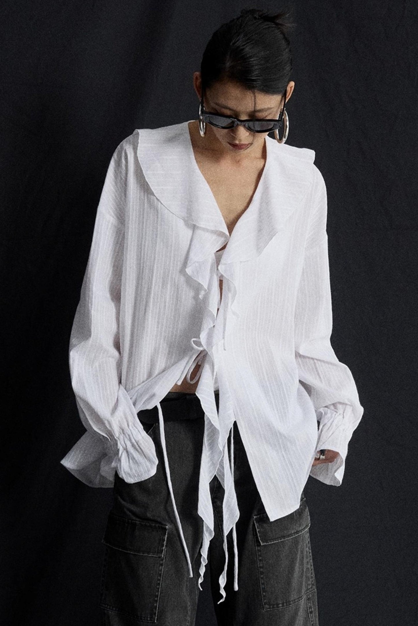 Winter White Ruffled V-Neck Shirt