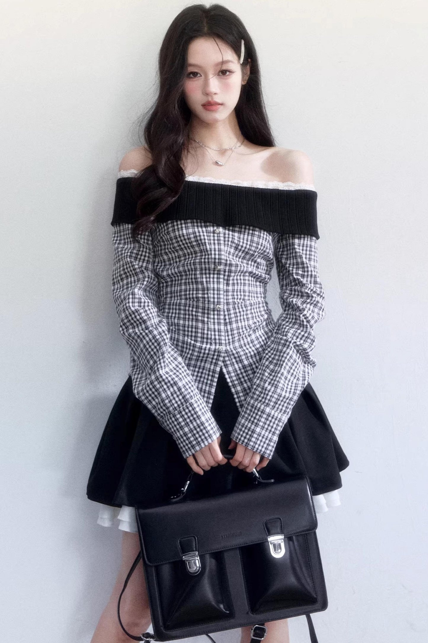 Plaid Off-Shoulder Slim Fit Shirt