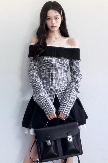 Plaid Off-Shoulder Slim Fit Shirt