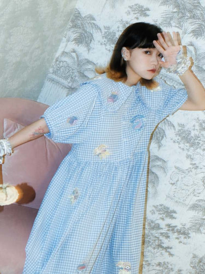 Sheep Embroidery Plaid Frill Dress