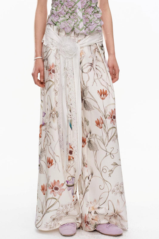 Floral Lace-Up Wide-Leg Pants