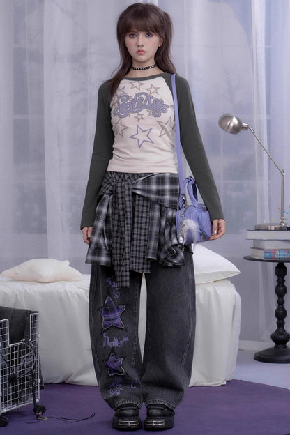 Washed Purple Plaid Star Jeans