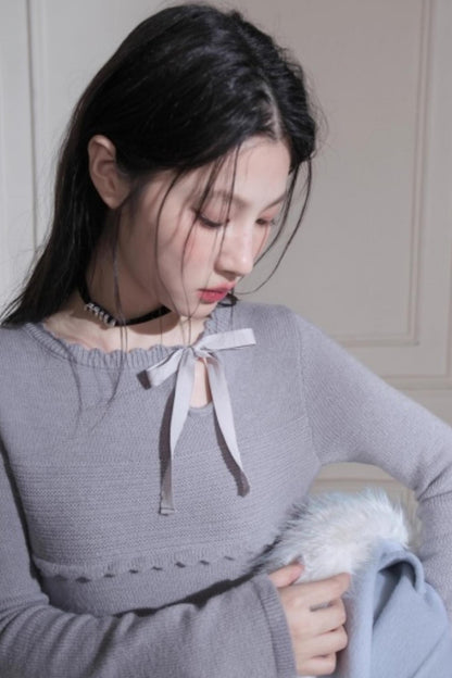 Cream Gray Lace Wool Dress