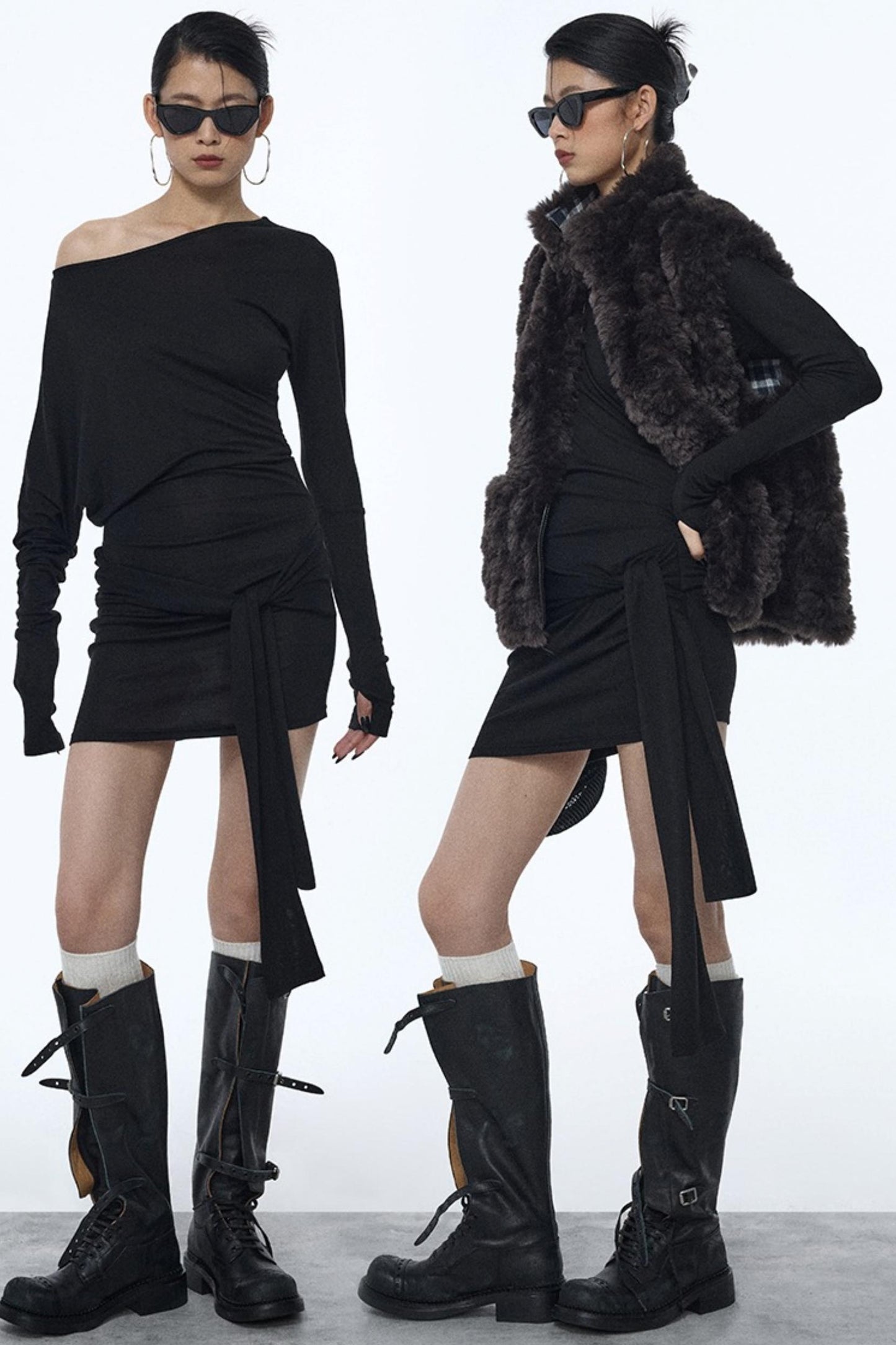 Pleated Strap Long-Sleeved Dress