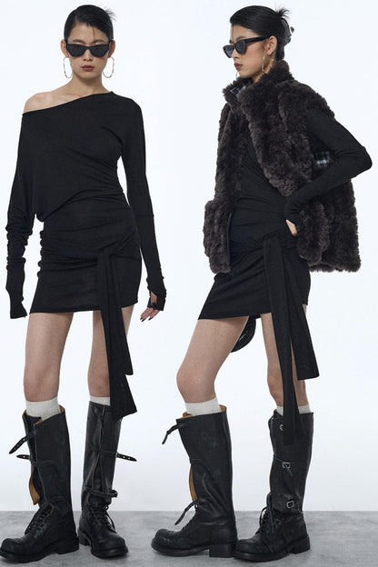 Pleated Strap Long-Sleeved Dress