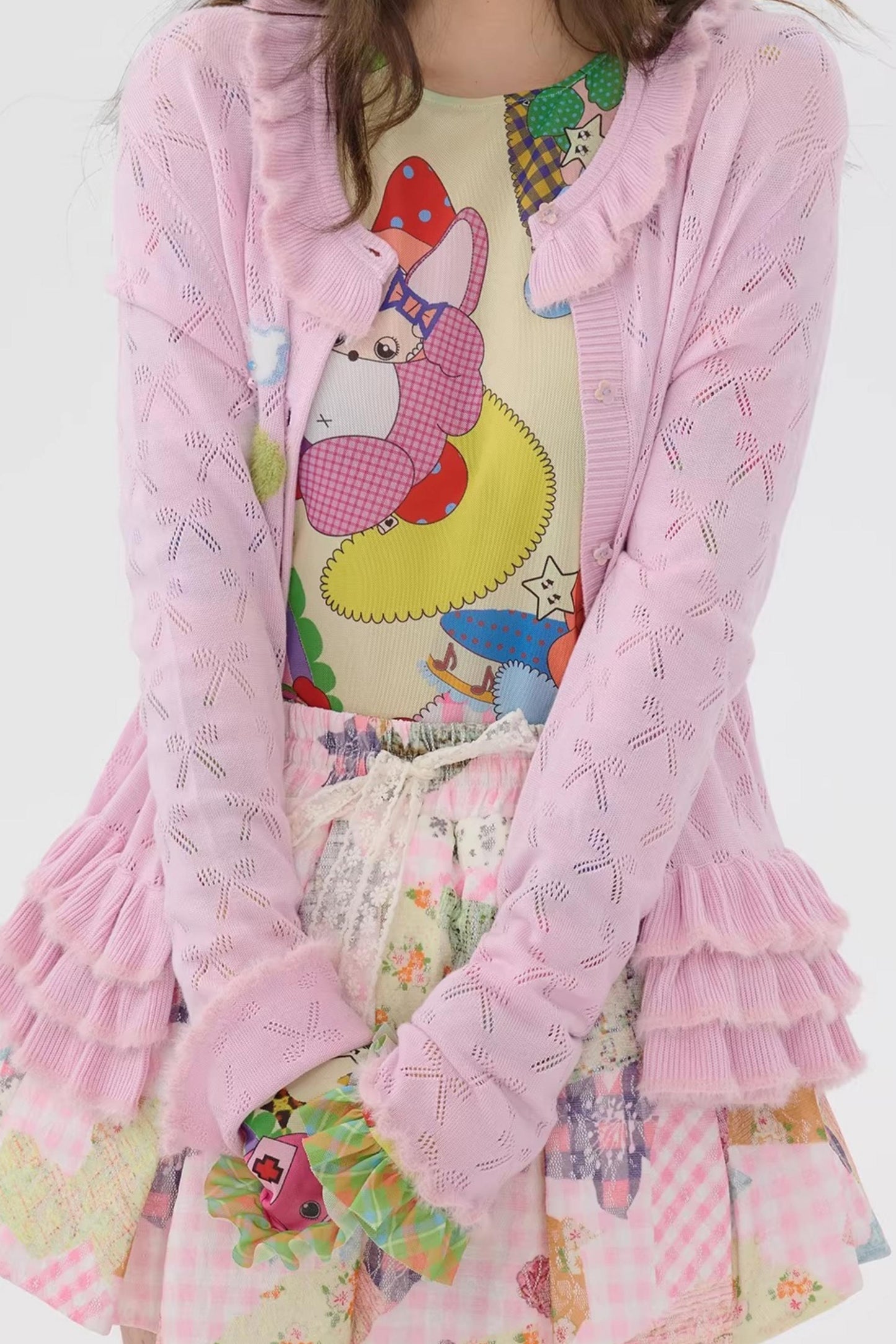 Pink Lace Cut Out Cardigan Top