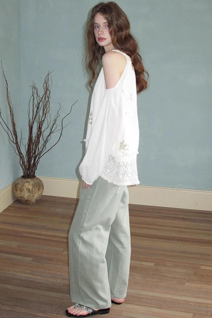 Neoclassical Embroidery Off-the-Shoulder Top