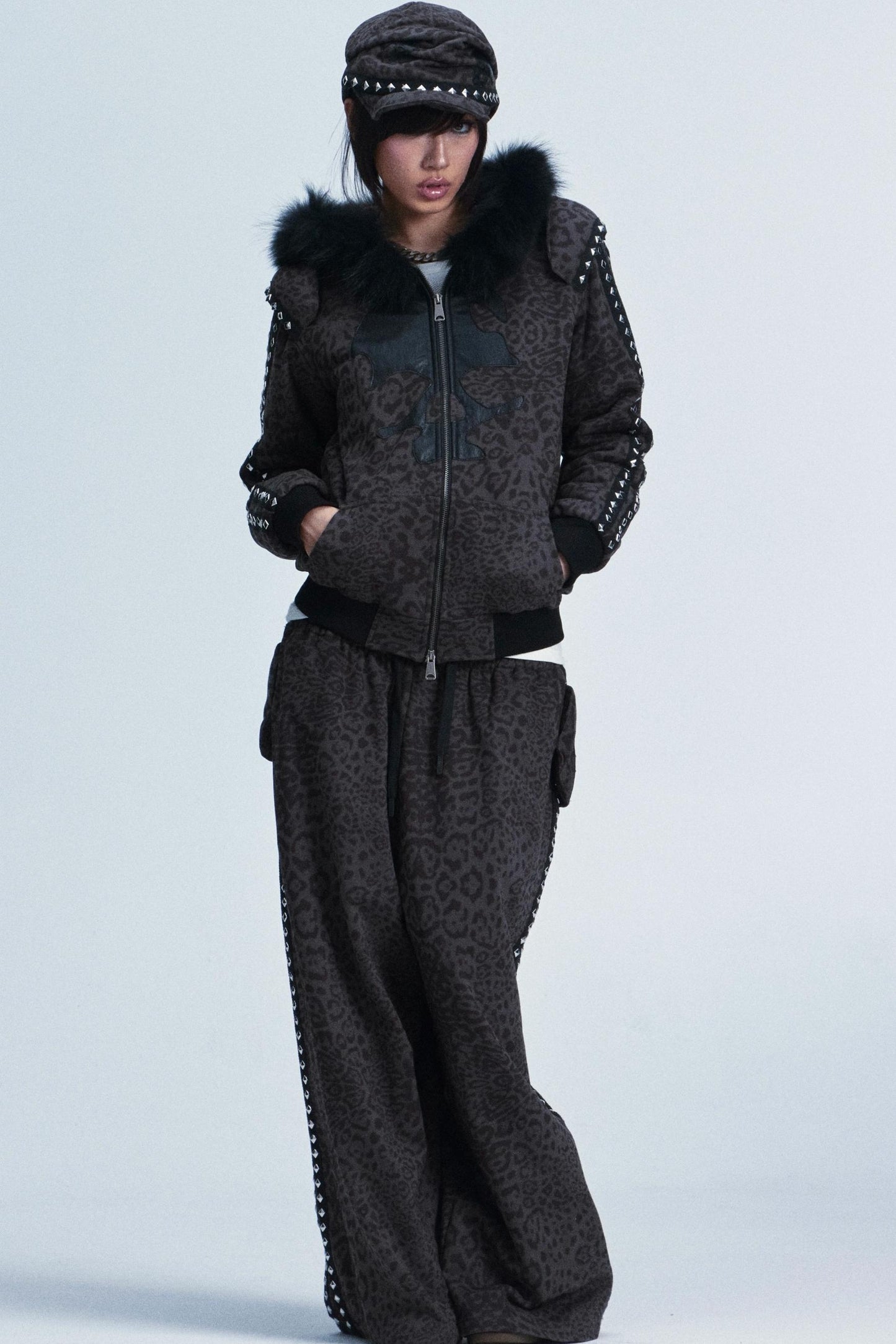 Leopard Print Plush Hooded Jacket Set-Up