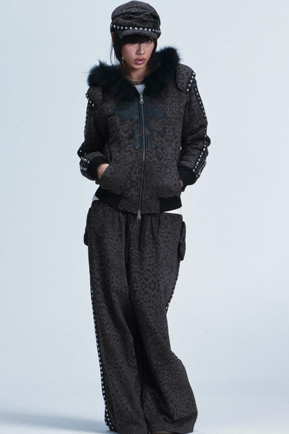 Leopard Print Plush Hooded Jacket Set-Up