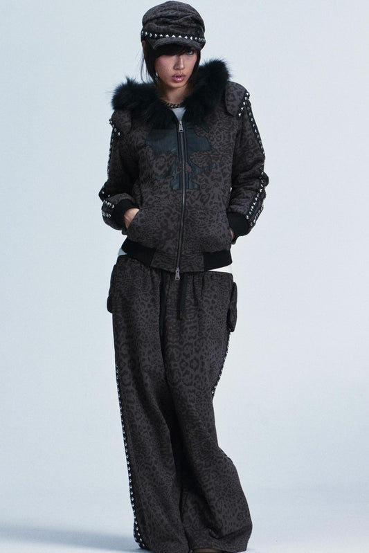 Leopard Print Plush Hooded Jacket Set-Up