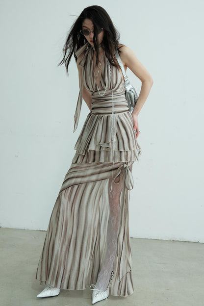 Pleated V-Neck Vest With Skirt Set