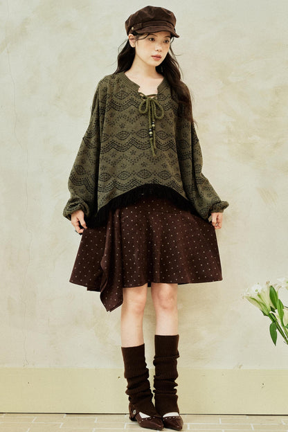 Dark Green Vintage Fringed Top & Scarf Set