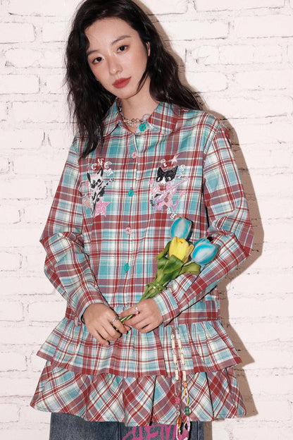 New Band Collar Plaid Dress