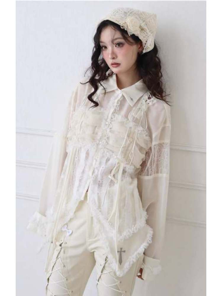 Lace-Up Crosses Embroidery Chiffon Lace Trim Shirt