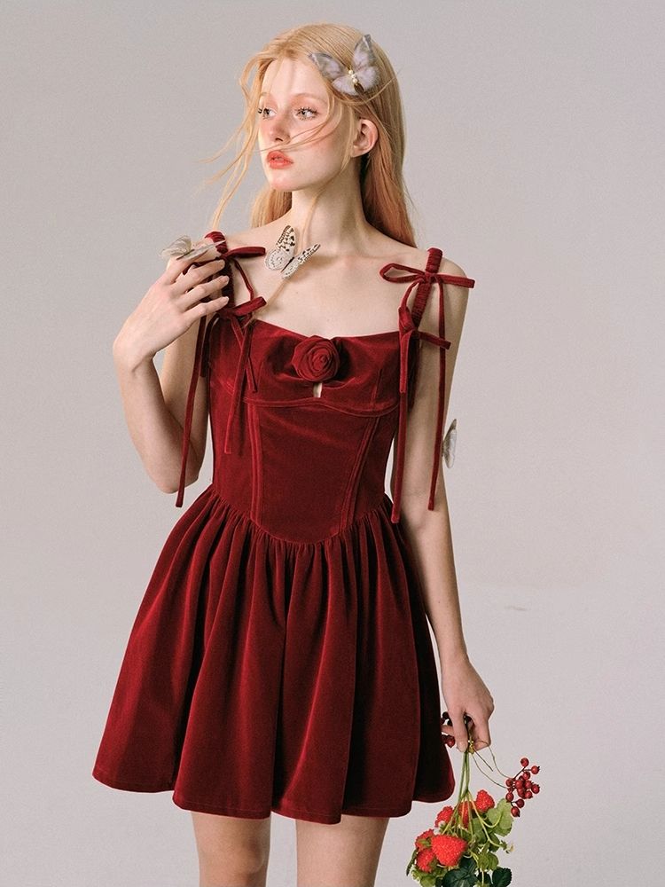 Velvet New Year's Red Halter Dress