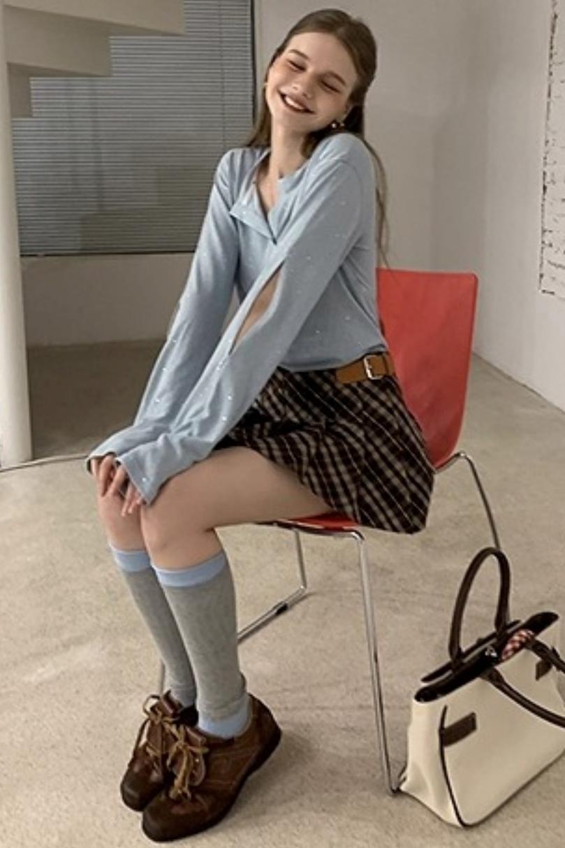 Henry Collar Design Loose Sequin T-shirt