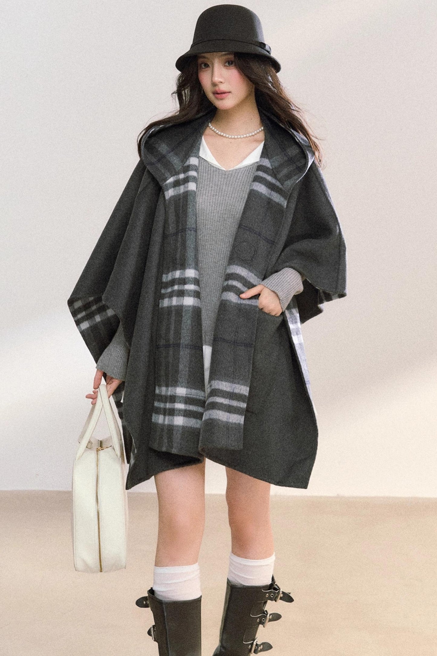 Gray Plaid Reversible Wool Cape Coat
