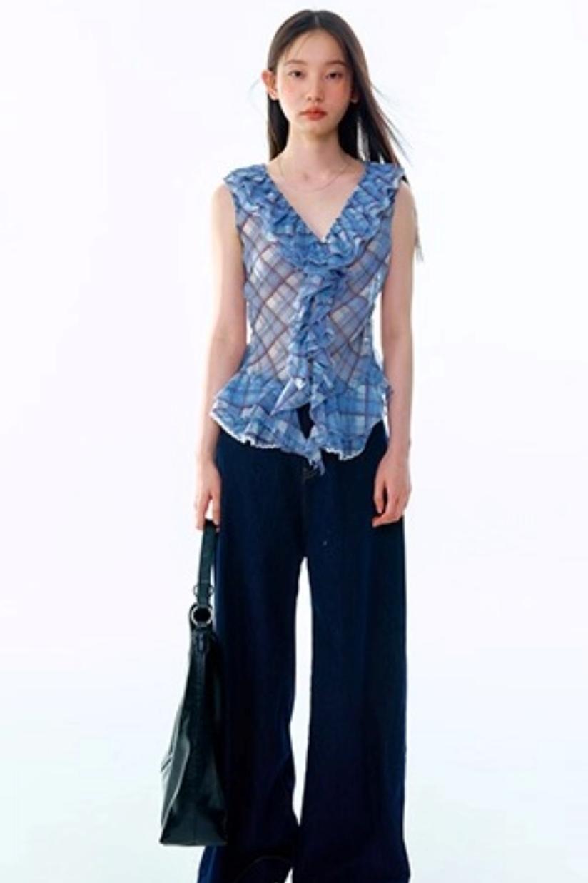 Plaid Ruffle V-Neck Top