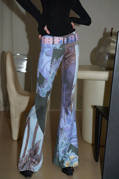 Vintage Print Suede Flared Pants