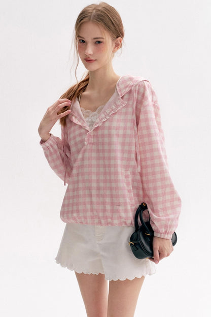 Cream Pink Plaid Lace Hooded Pullover Top