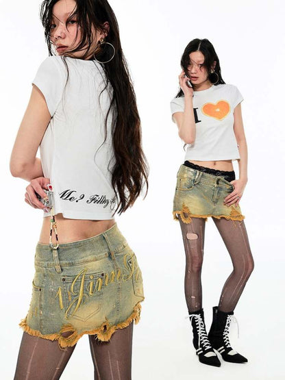 Low Waist Distressed Denim Mini Skirt