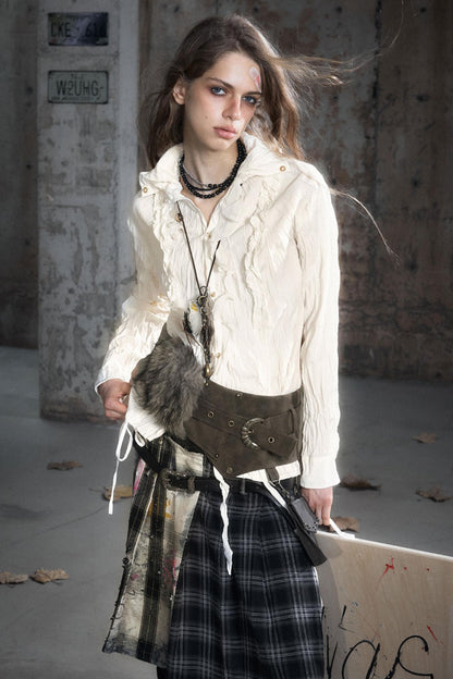 Leather Patchwork Fur Skirt  Belt