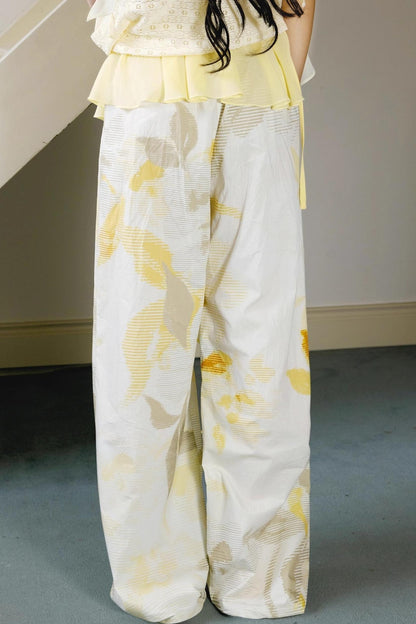 Botanical Ruffle Chiffon Wide-Leg Trousers