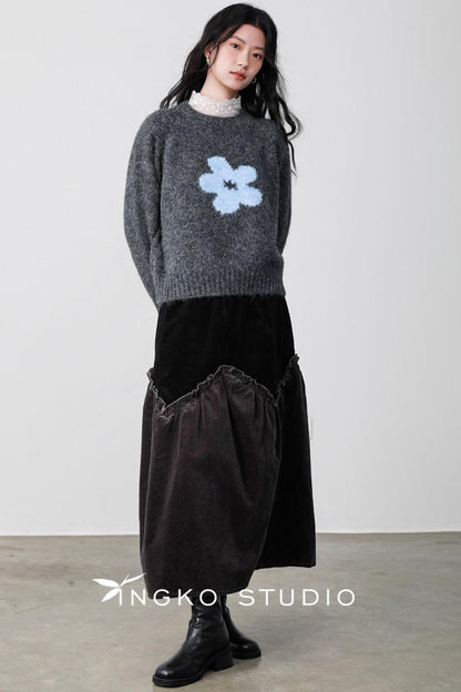 Gray Coffee Spliced Corduroy Skirt