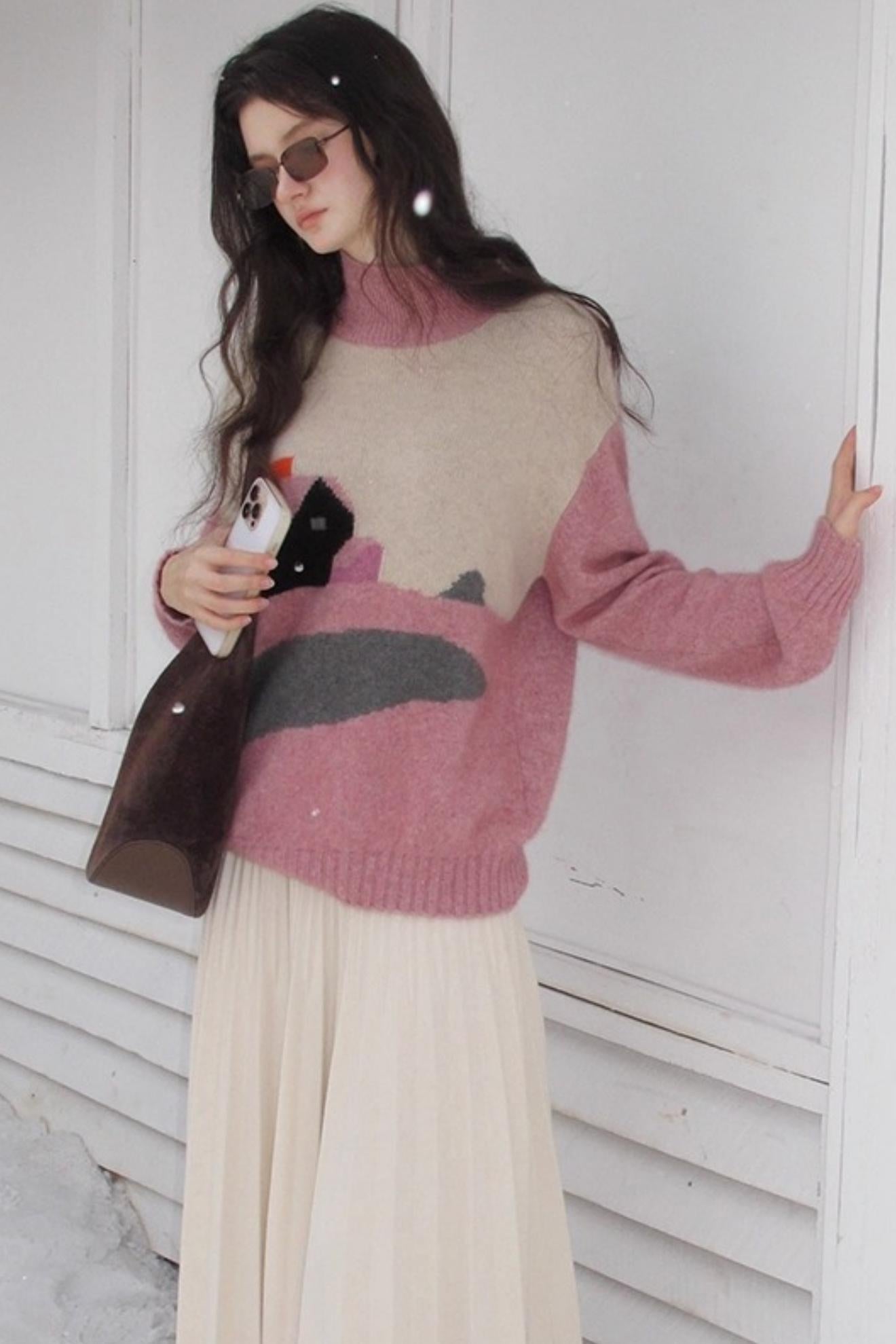 Pink Vintage Cashmere-Like Turtleneck Sweater