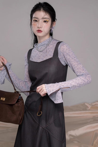 Twilight Gray Polka Dot Shirt Dress Set-Up