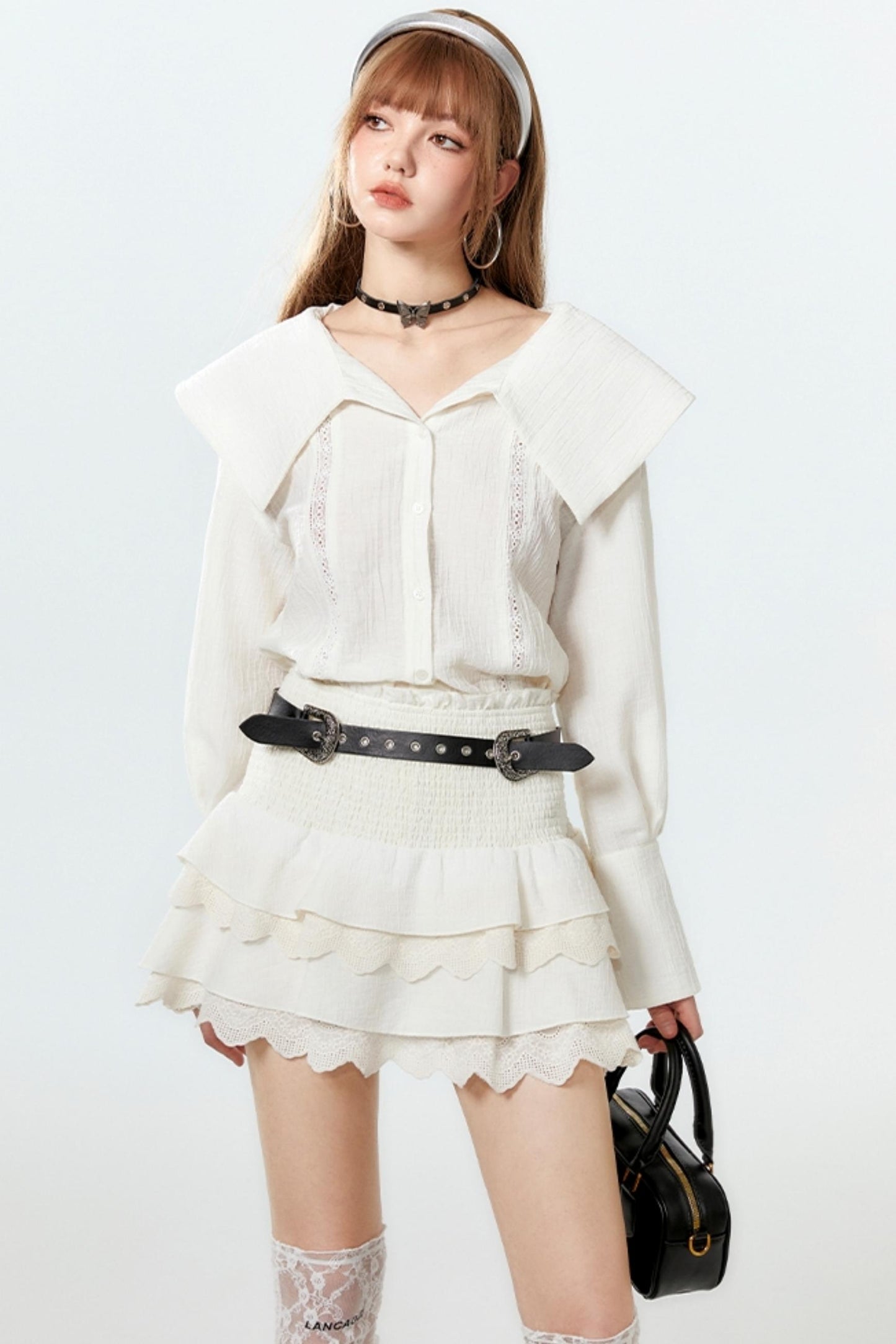 Sheer Lace Big-Collar Mint Blouse