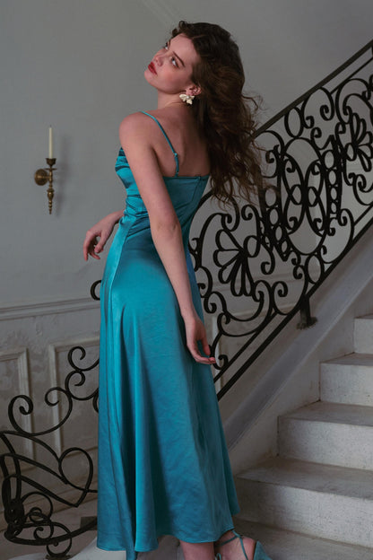 Blue Satin Halter Dress