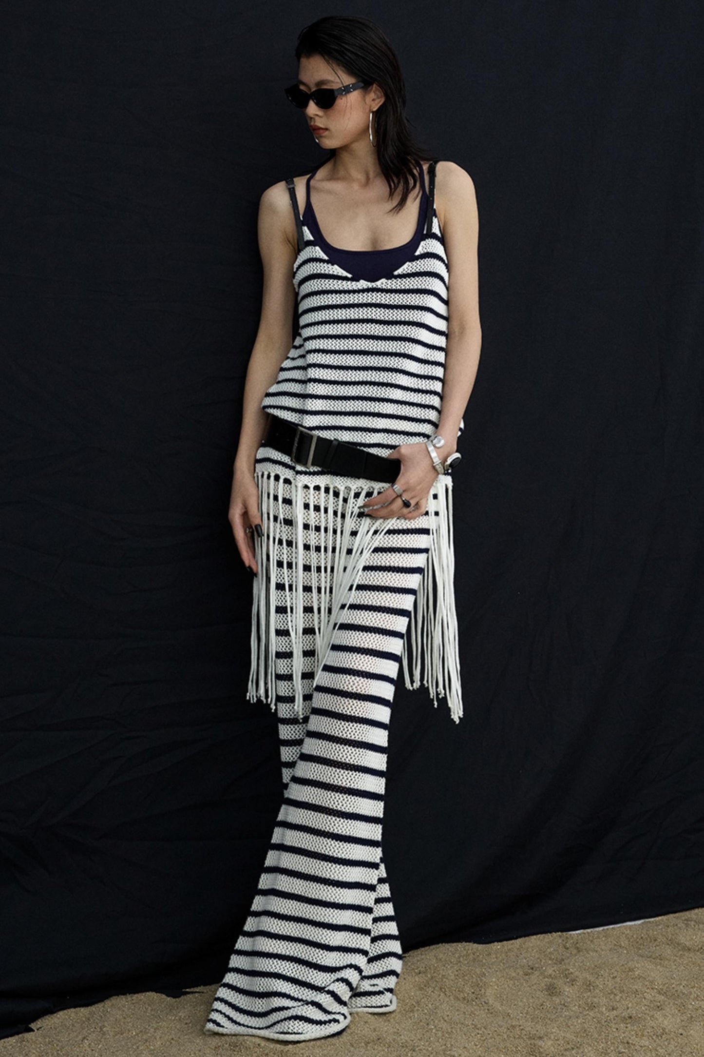 Summer Jacquard V-Neck Leather Hem Vest