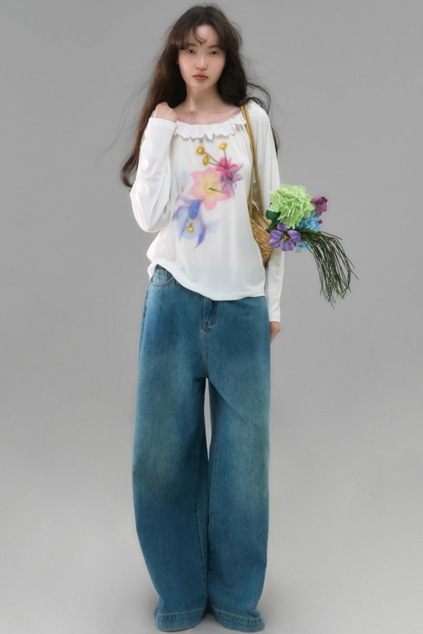 Slanted Shoulder Long-Sleeved Tencel Tee