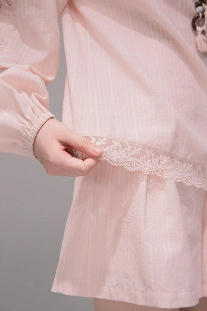 Cloud Peach Embroidered Striped Shirt Set-Up