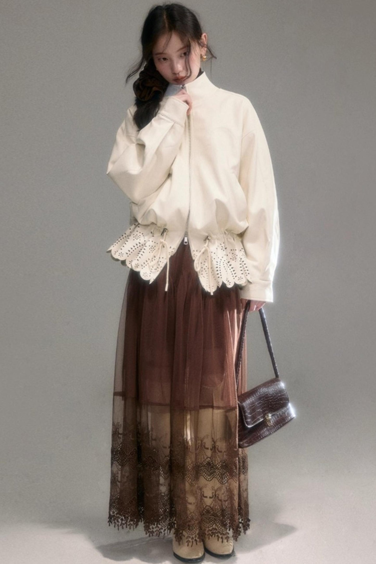 Hollow-Out Floral Leather Jacket