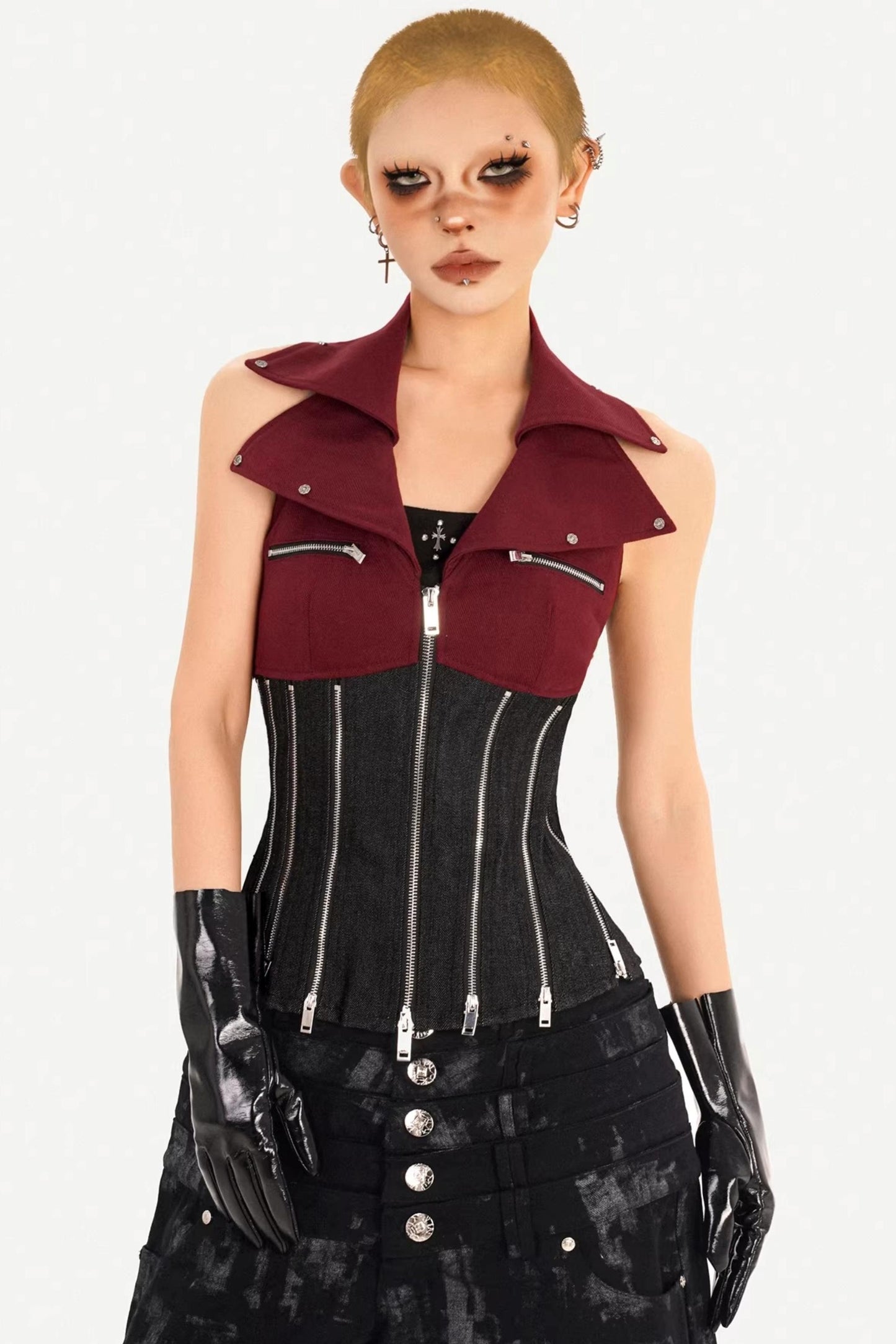 Color-Block Denim Zipper Vest