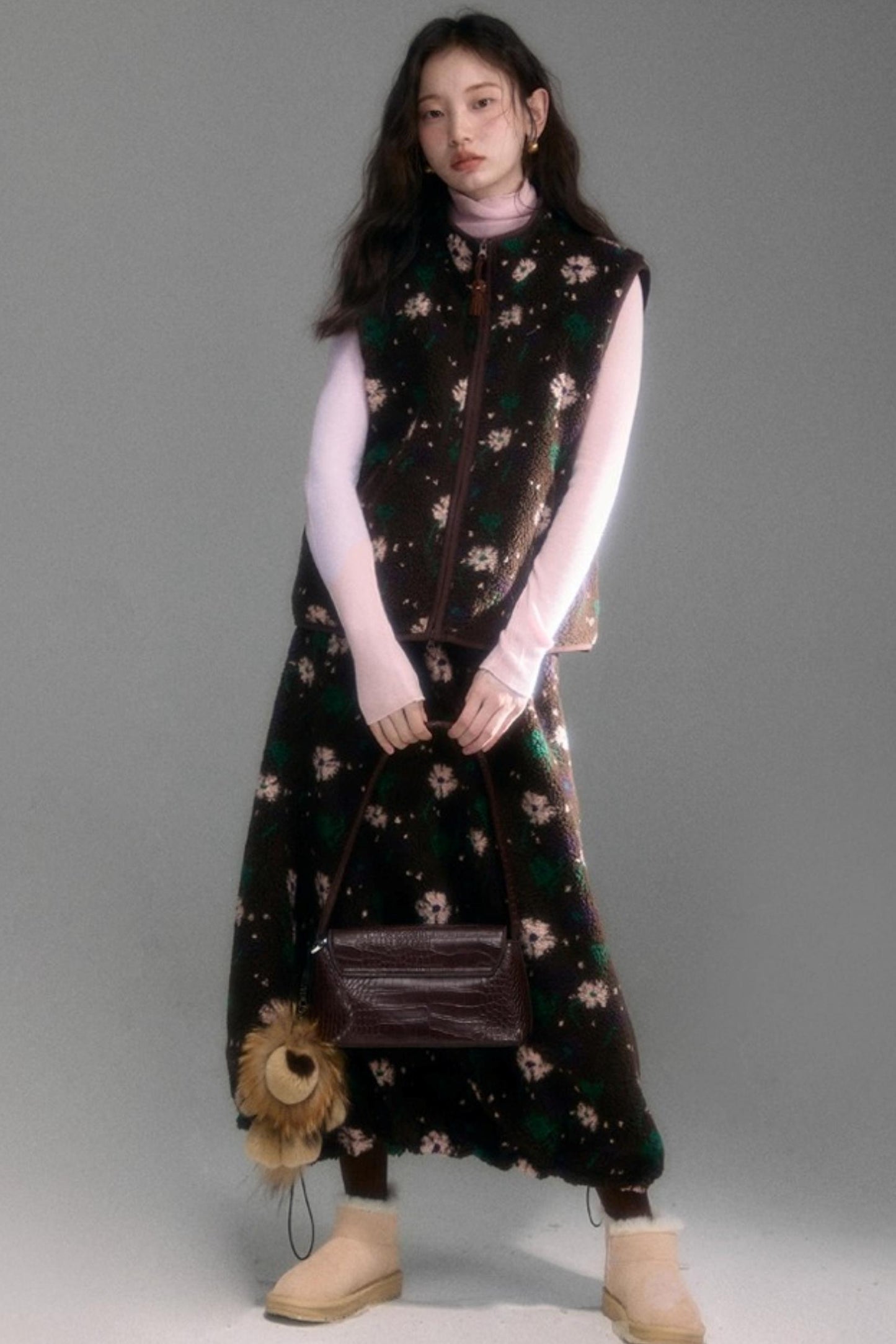 Floral Faux Lamb Wool Vest Jacket Set-Up