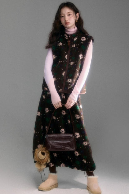 Floral Faux Lamb Wool Vest Jacket Set-Up