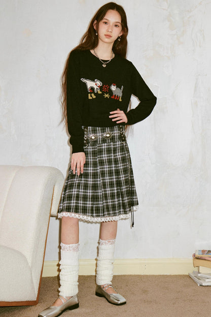 Kitten And Puppy Embroidered Wool Blend Knit Sweater