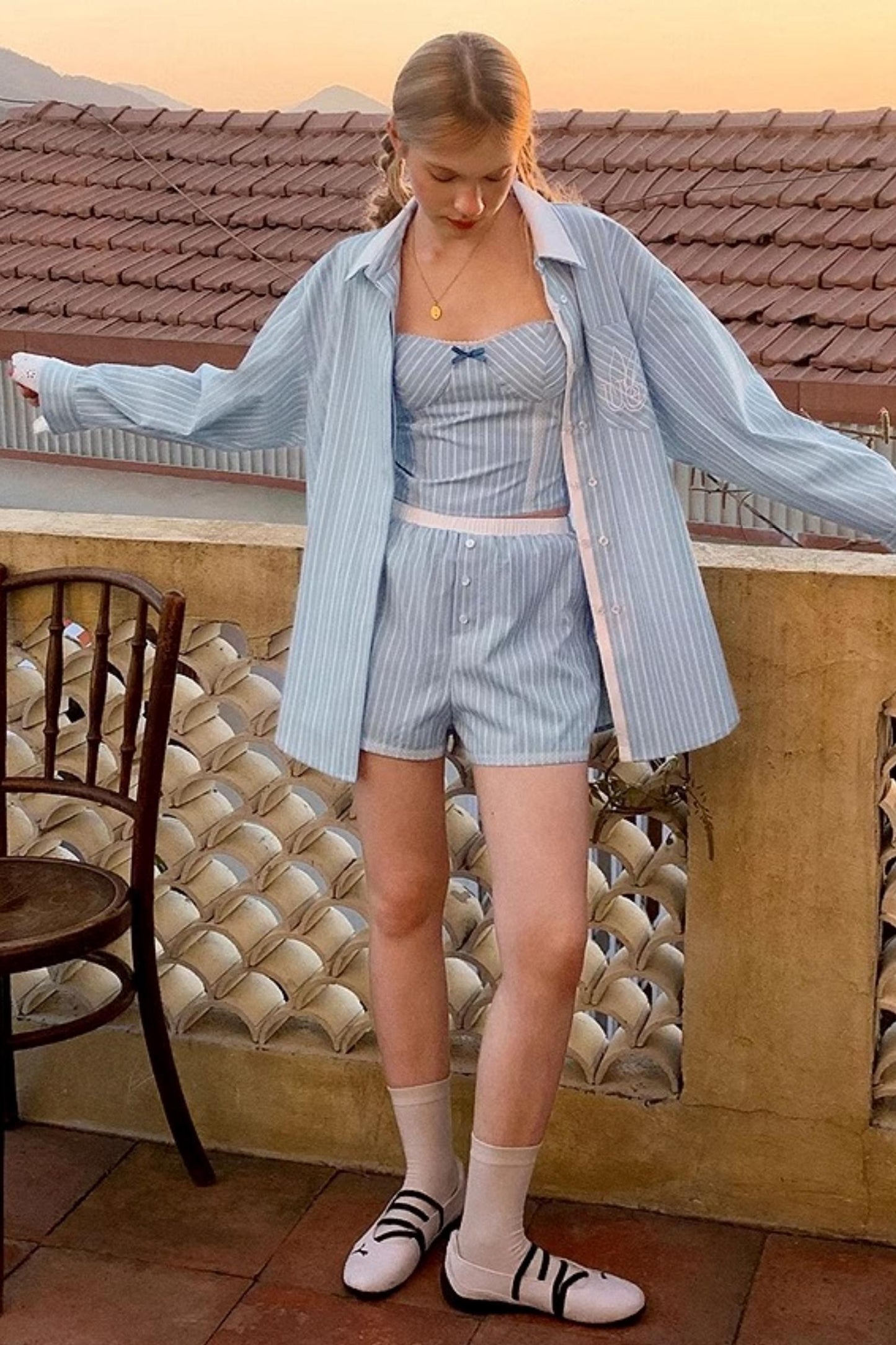 Blue Striped Lace Cami & Shorts Set-Up