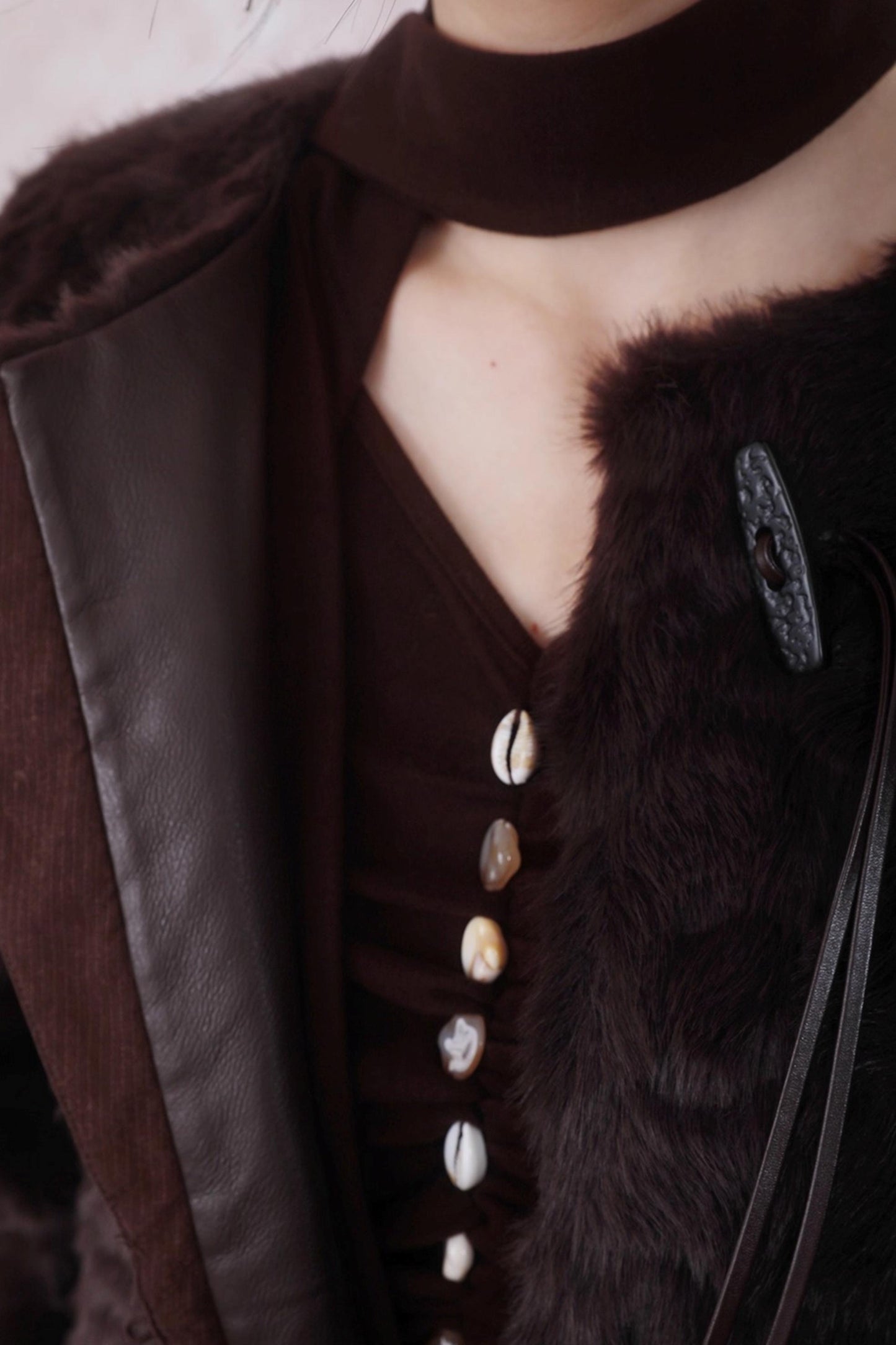 Caramel Coffee Shell Buckle Streamer Top