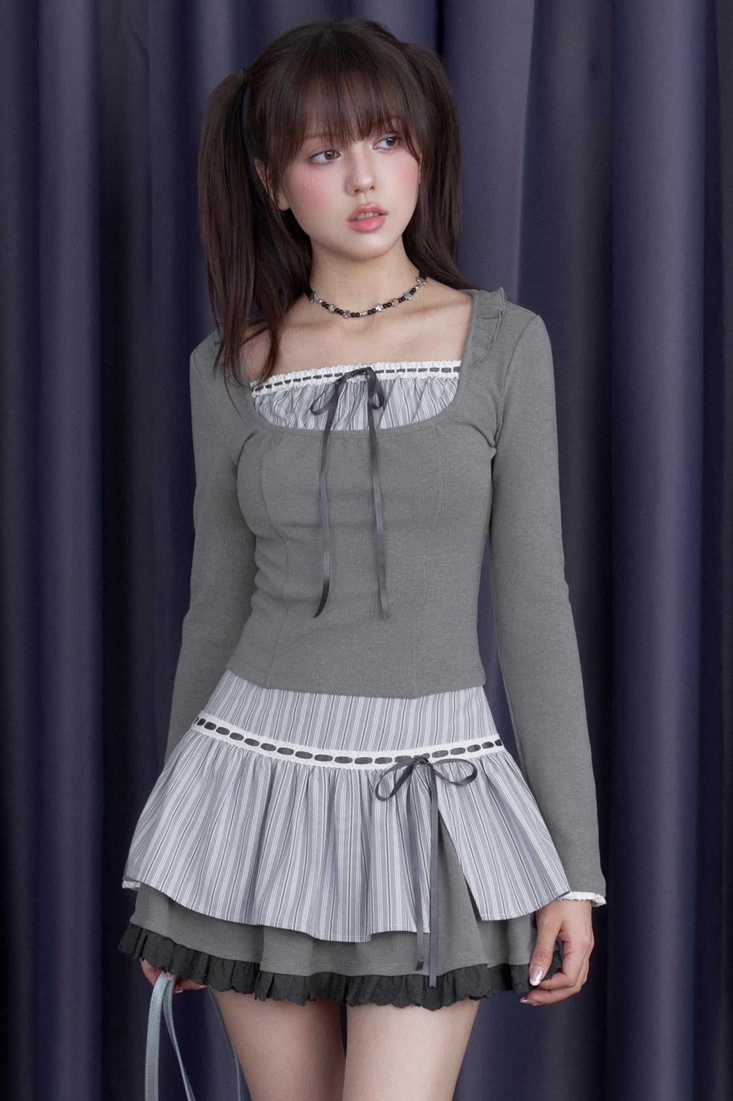 Gray Striped Long-Sleeved T-shirt